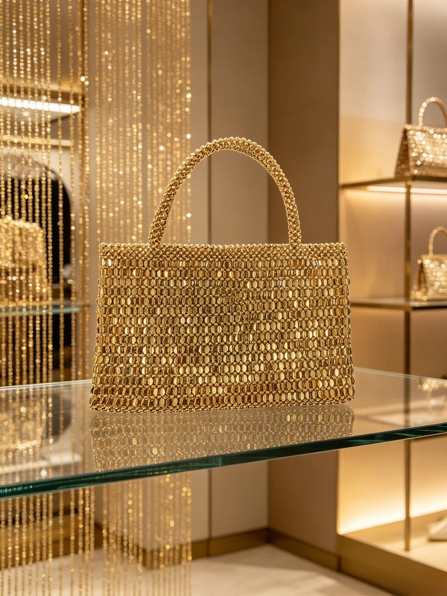 2026 Gold Beaded Woven Long Top Handle Clutch Bag Women Glam Luxury Fashion Runway Wedding Cocktail Formal Party Evening Handbag