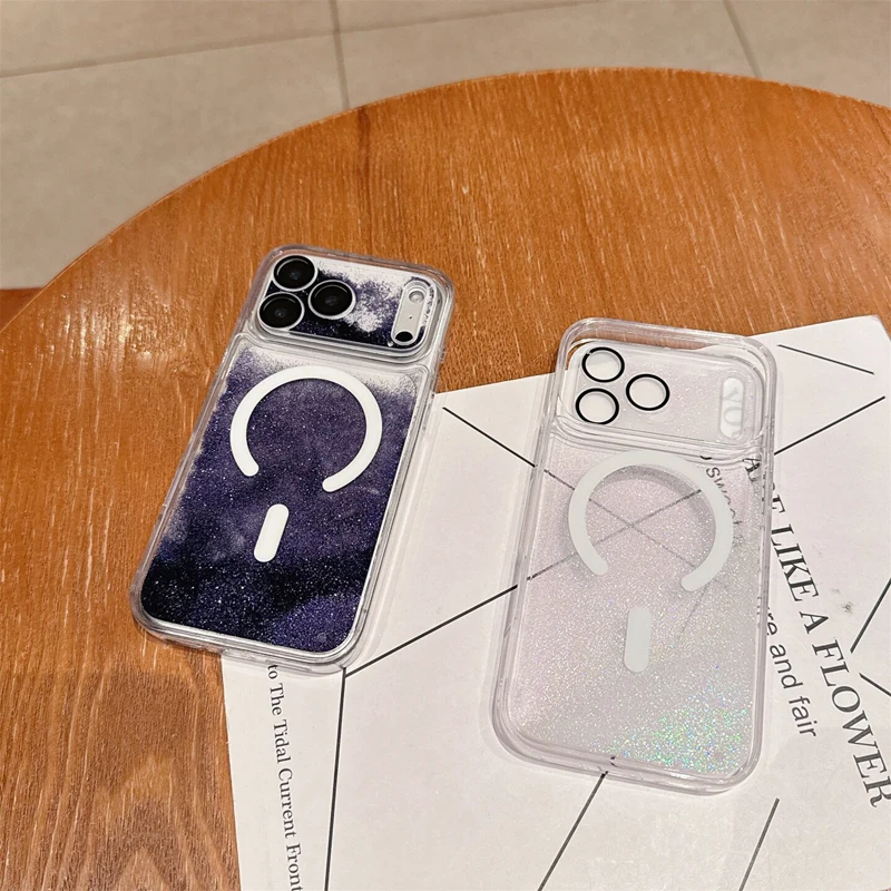 Magnetische Flüssigkeits-Quicksand-Linsenfolie Handyhülle für iPhone 17 18 Pro Max für MagSafe Trendige Sturzsichere Glitzer-Schutzhülle – Detail 7