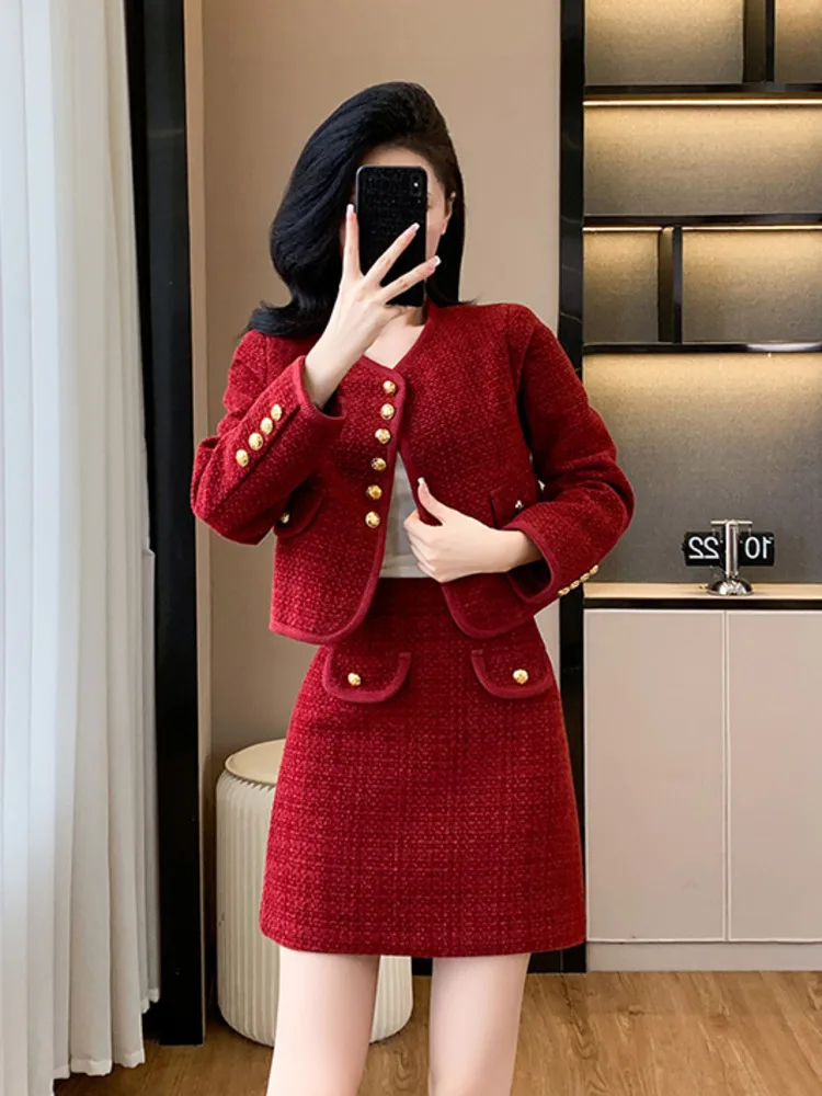 

2024 Fall Winter Outfits For Women Two Piece Set Elegant Short Jacket Coat + Skirt Suits Korean Tweed 2 Piece Sets Women Outfit