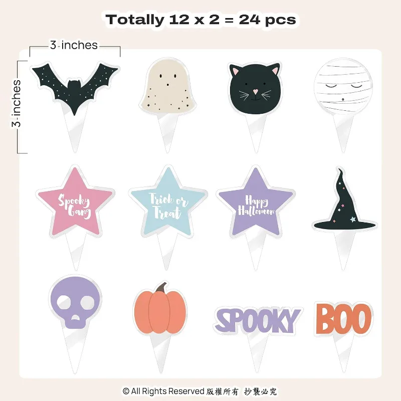 24Pcs Halloween Cupcake Toppers Pastel Pumpkin Ghost Bat Cat Cake Decoration for Halloween Theme Birthday Party Dessert Supplies