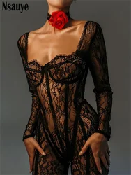 Nsauye Lace Sexy See Through Women Jumpsuits Long Sleeve High Waist One Piece Winter Fashion Party Rompers Overalls Tops 2023