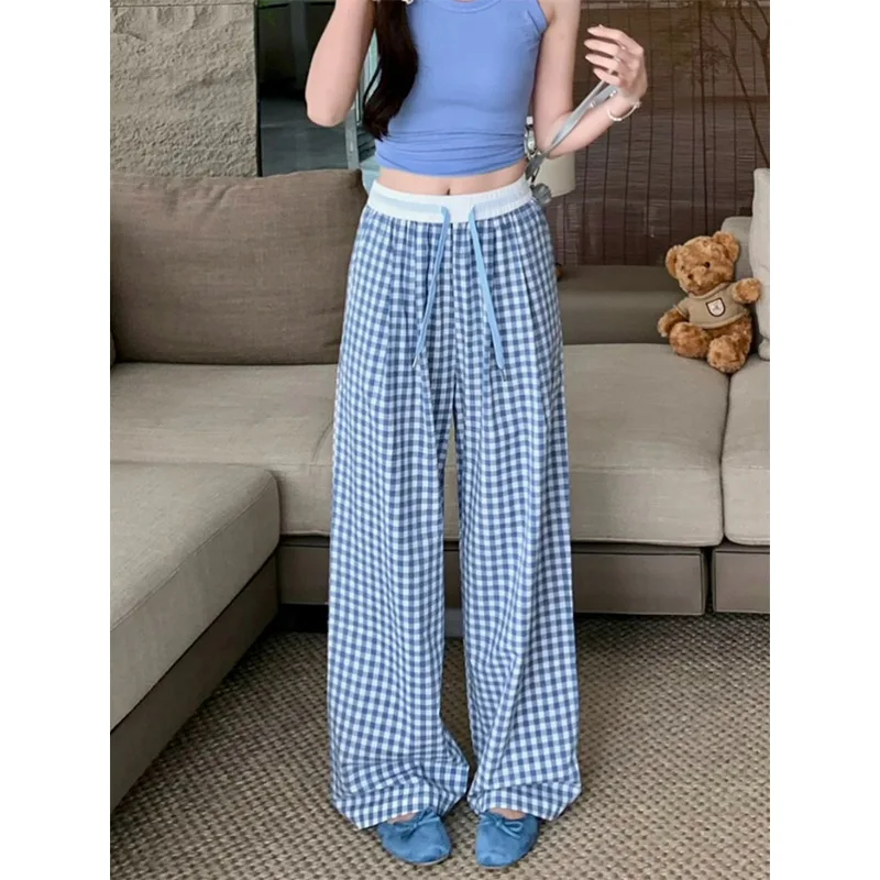 Summer Thin Blue Lattice Pant Women Korean Quick Drying Straight Casual Pants Baggy Elastic Waist Wide Leg Trousers Female 2024