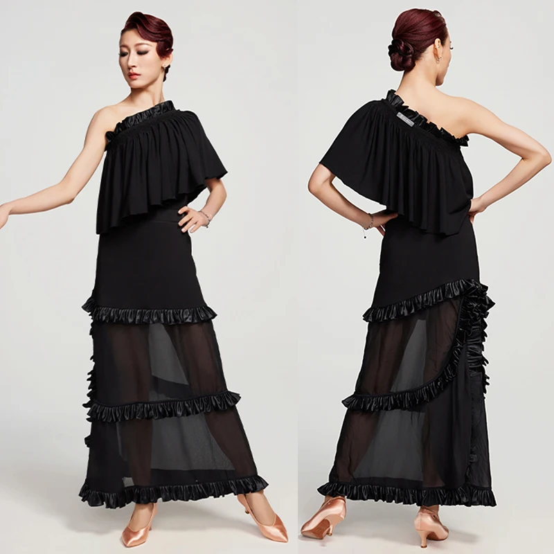 

Ballroom Dance Performance Clothes Slant Shoulder Tops Black Mesh Skirt Waltz Dance Dresses Prom Wear Competition Dress DNV23490
