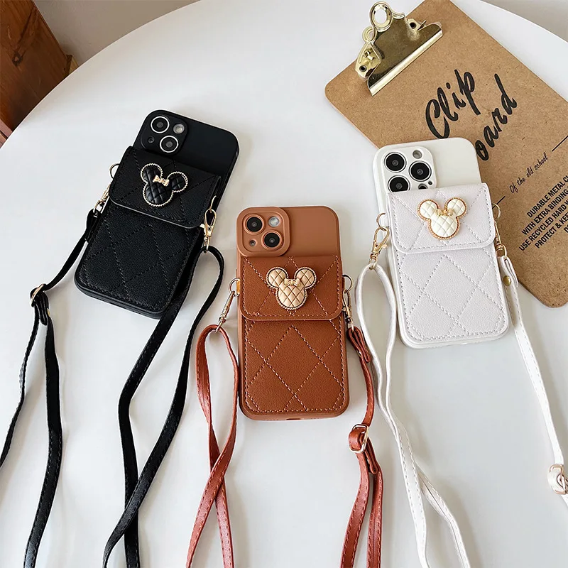 Cartoon Diamond Leather Wallet Soft Case for IPhone 14 13 11 15 16 Pro Max 12 Mini XS XR X 8 7 Plus SE2022 With Lanyard Cover