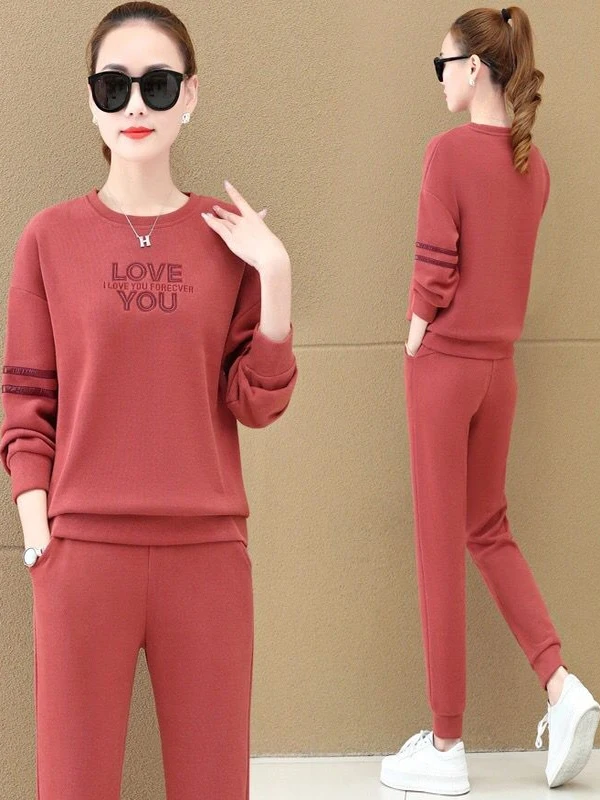 

plus Size Women's Embroidered Sportswear Set Autumn Fashion Casual High Waist Long Sleeve round Neck Two-Piece Suit Korean Style