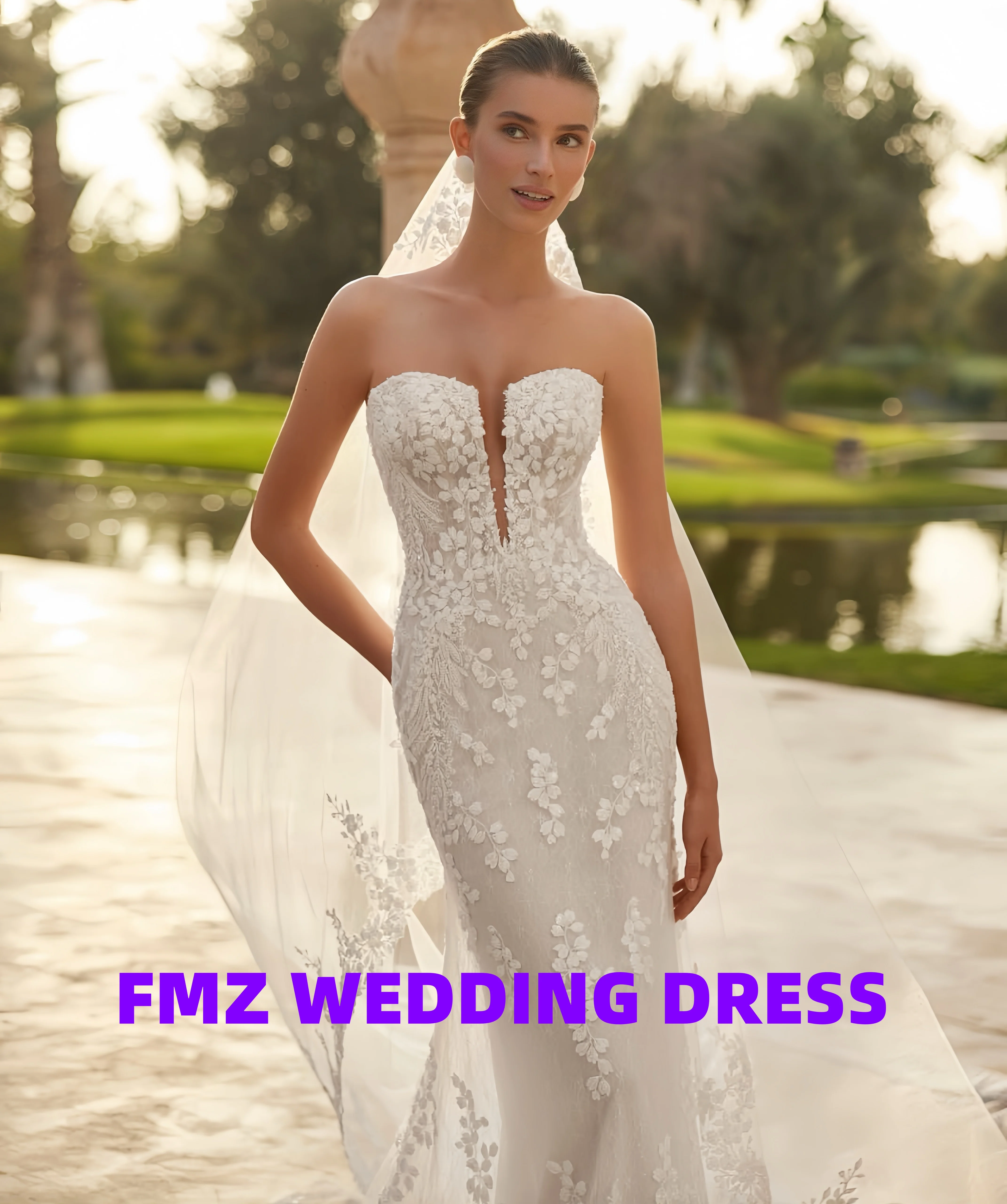 فستان زفاف أنيق مخصص برقبة على شكل حرف V بدون أكمام من الدانتيل حورية البحر فساتين زفاف فيستدوس دي نوفيا