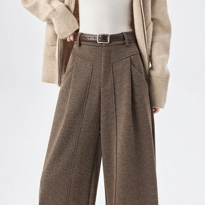Calças Femininas de Perna Larga com Forro, Cintura Alta, Calças Longas, Primavera 2026, Novo Estilo Casual em Acetato de Lã Xadrez