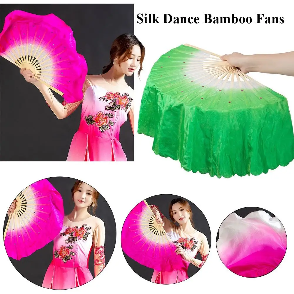 36/51cm Chinese Short Bellydance Fan  Adults Kids Bamboo Half Circle Long Silk Fans Veil Pairs Yangko Dance Bamboo Fans Hand Dye