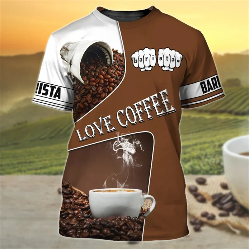 Fashion Coffee Tshirt Coffee Tools Set Printed Short Sleeves Barista Custom Tops Black White Loose Apron Tees Working Clothes