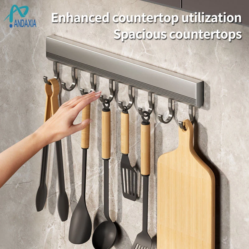 Kitchen Hooks Without Punching Space Aluminum Rack Hanging Rod Wall Hanging Spoon Spatula Shelf Wall Storage Metal Hooks