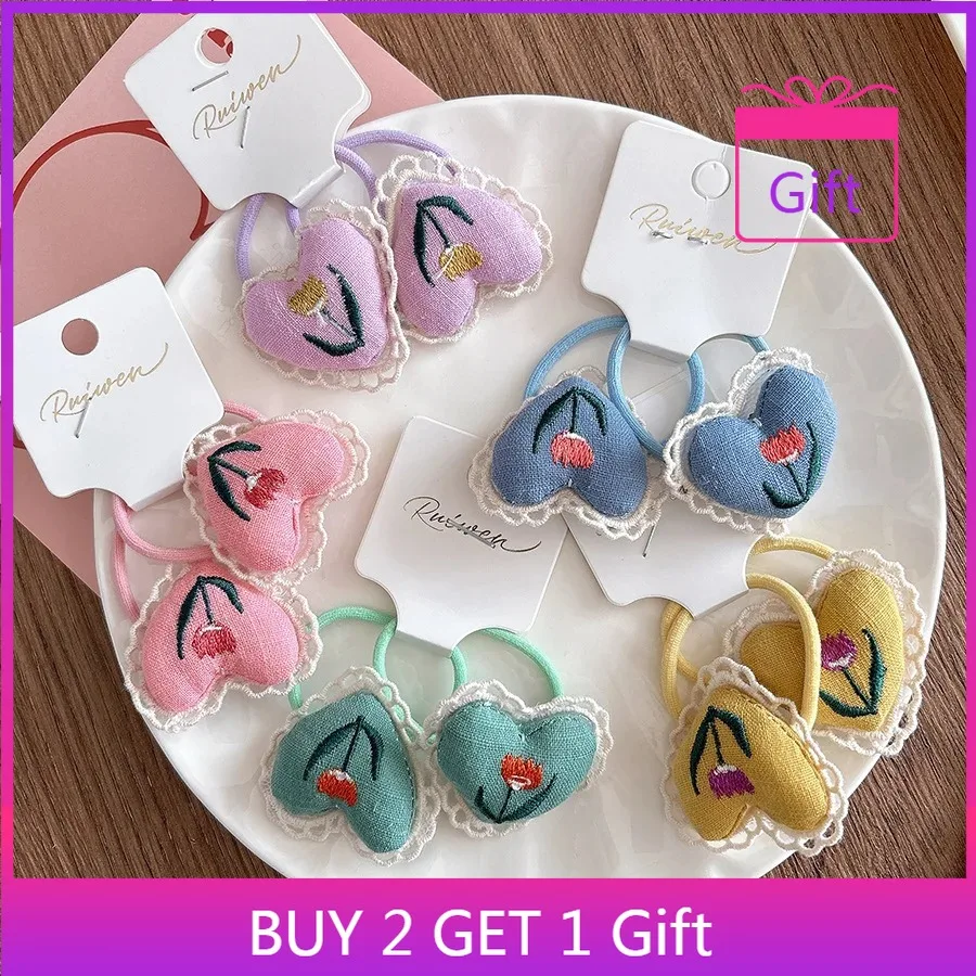 

Kids Hair Ties Winter Fabric Handmade Embroidered Heart Elastic Ponytail Holders Non Slip Bun Set 2Pcs