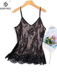 Birdtree 25% Natural Silk Women's Blouses Sexy Lace French Style Hot Girl Small Suspenders Loose Summer Autumn Sling P3N363QM