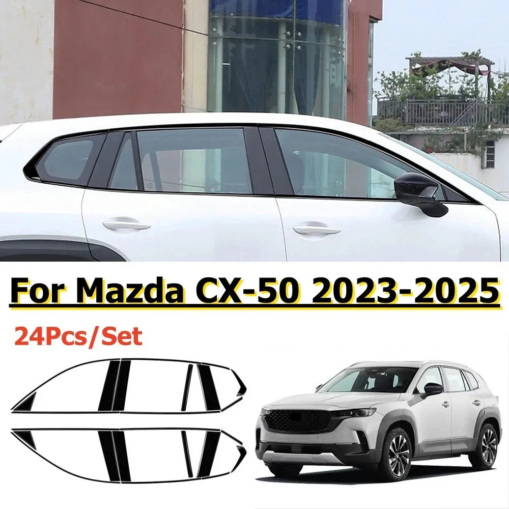 24pcs Glossy Black Car Window Moulding Pillar Column Trim For Mazda CX-50 23-25