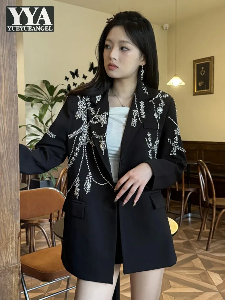 Jaket Blazer pesta manik-manik berlian berkilau wanita, jaket Blazer satu baris, hitam longgar, setelan panjang menengah, mantel kristal jamuan makan