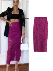 2024 Summer Office Lady Solid Lace Skirts Fashion High Waisted Hollow Out Long Skirt Beach Style Zipper Translucent Party Skirt