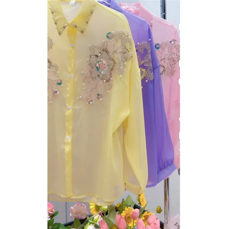 

Summer Breathable Chiffon Cardigan Top Fashion 262P High Quality Sequin Shirt for Women Long Sleeve Bead Pearl Blouse