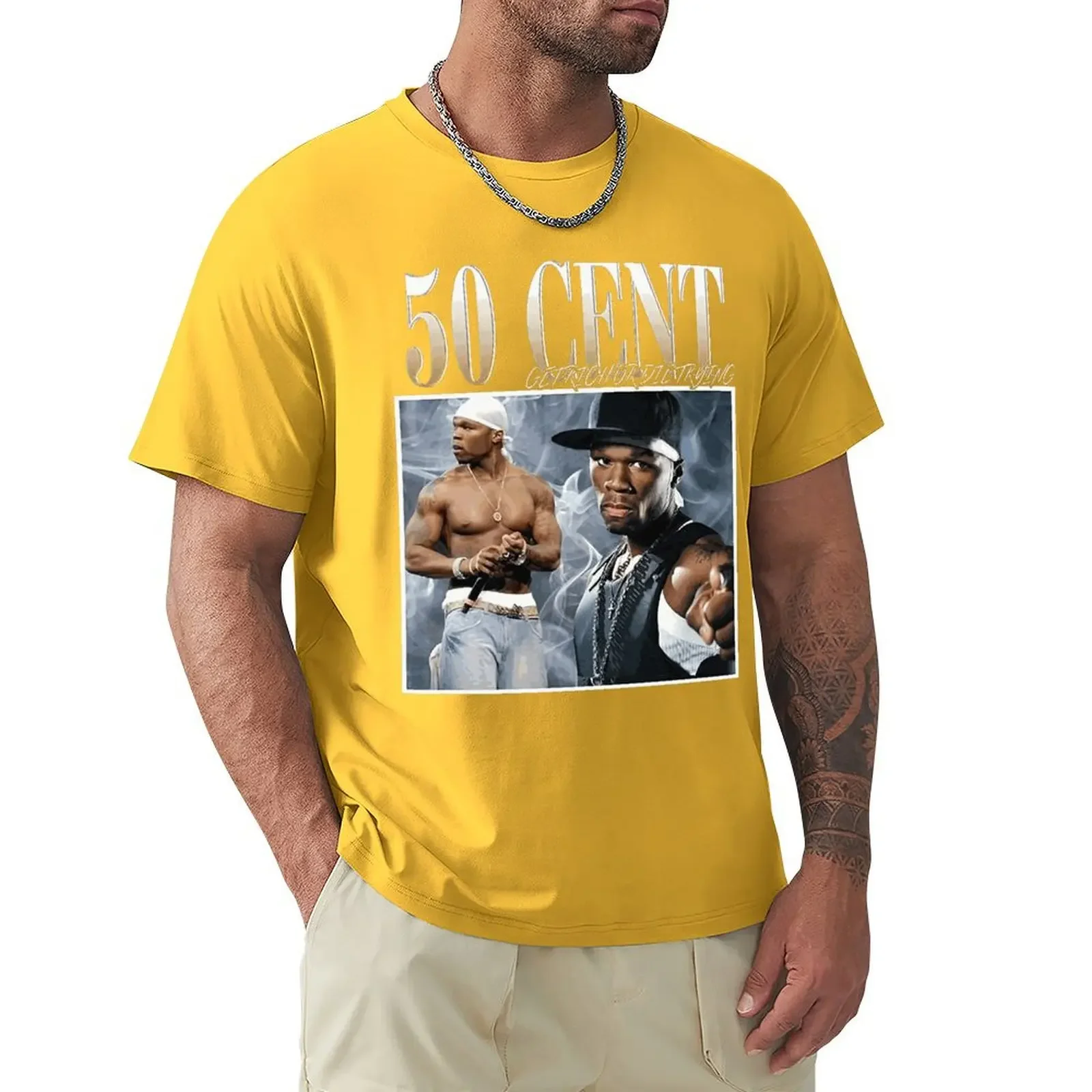 تي شيرت كلاسيكي بأكمام قصيرة 50 في المائة للرجال ، قمم رسومات قطنية ، هاراجوكو