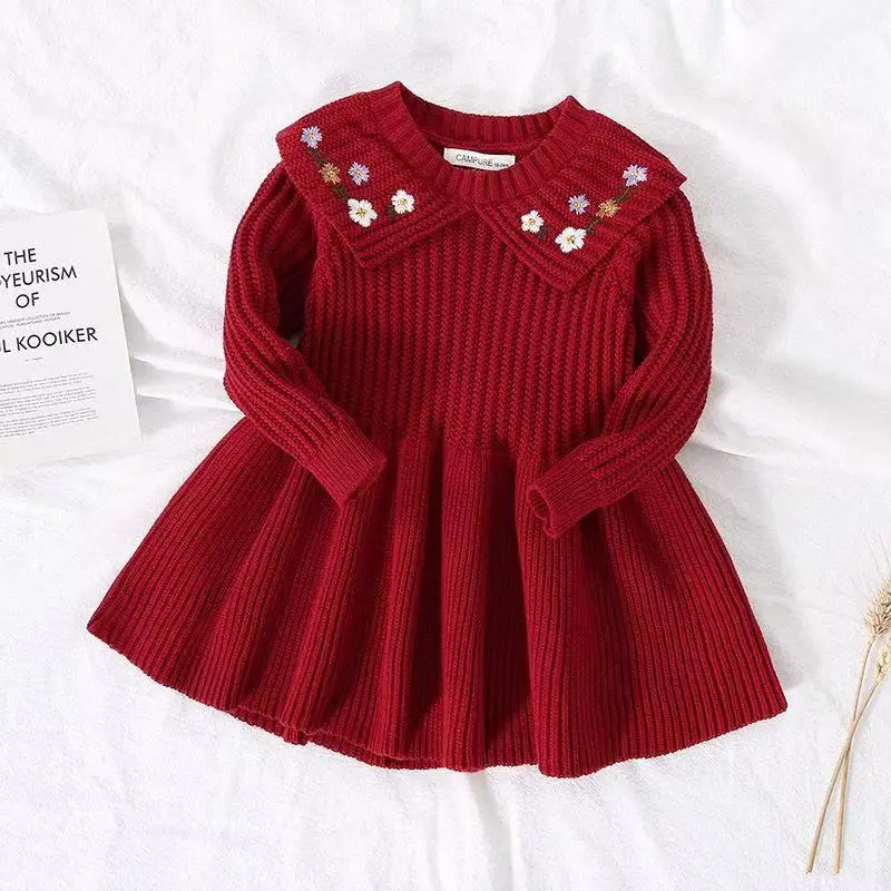 

2026 New Girls' Dress Autumn And Winter Children's Red New Year Embroidered Western Style Knitted Dress Kids Clothing