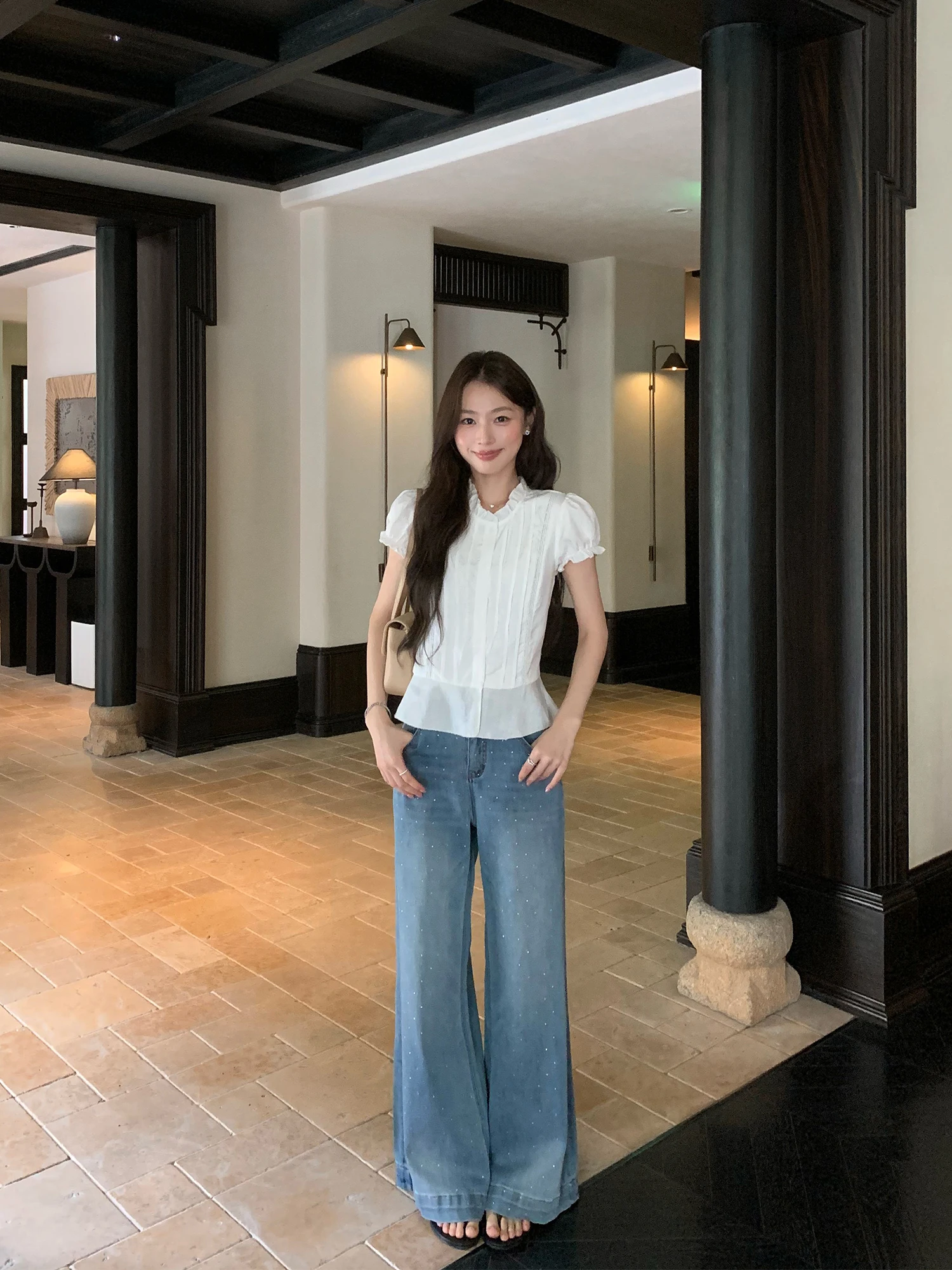 Pusumede High Waist Wide Leg Jeans Women's Light Color Shiny Sequin Pants Loose Fit Cotton Jeans Floor-Length Trousers