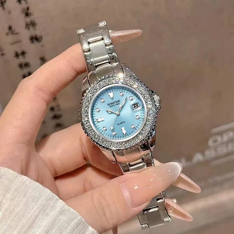 ROMITIME Luxury Women Quartz Watch Diamond-Encrusted Calendar Diamond-set Bezel Leisure Luminous 30M Waterproof Lady Watches