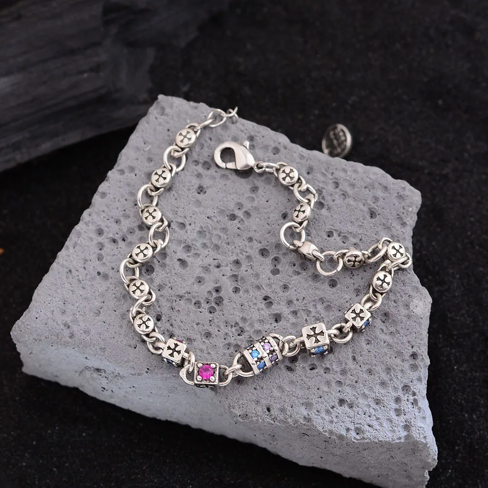 New Arrival Vintage Cross Design Colorful Crystal Thai Silver Ladies Charm Bracelet Promotion Jewelry For Women Gifts