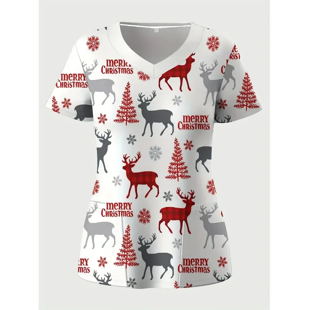 Nurse Uniform Fashion Women\'s Christmas Snowman Printed Short Sleeve V-neck Santa Claus Work Uniform Medical Work Uniform