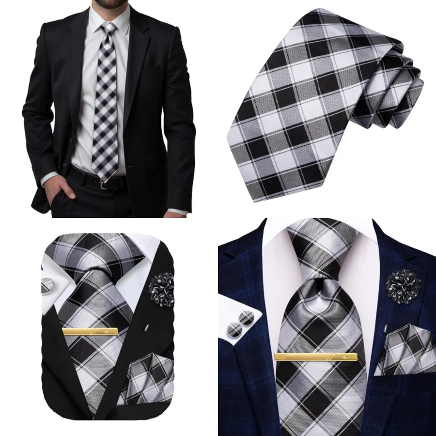 

Men's 63" 70" Extra Long Silk Ties with Pocket Square Cufflinks Set for Big and Tall Men Wedding Business, 70'' Black and Grey