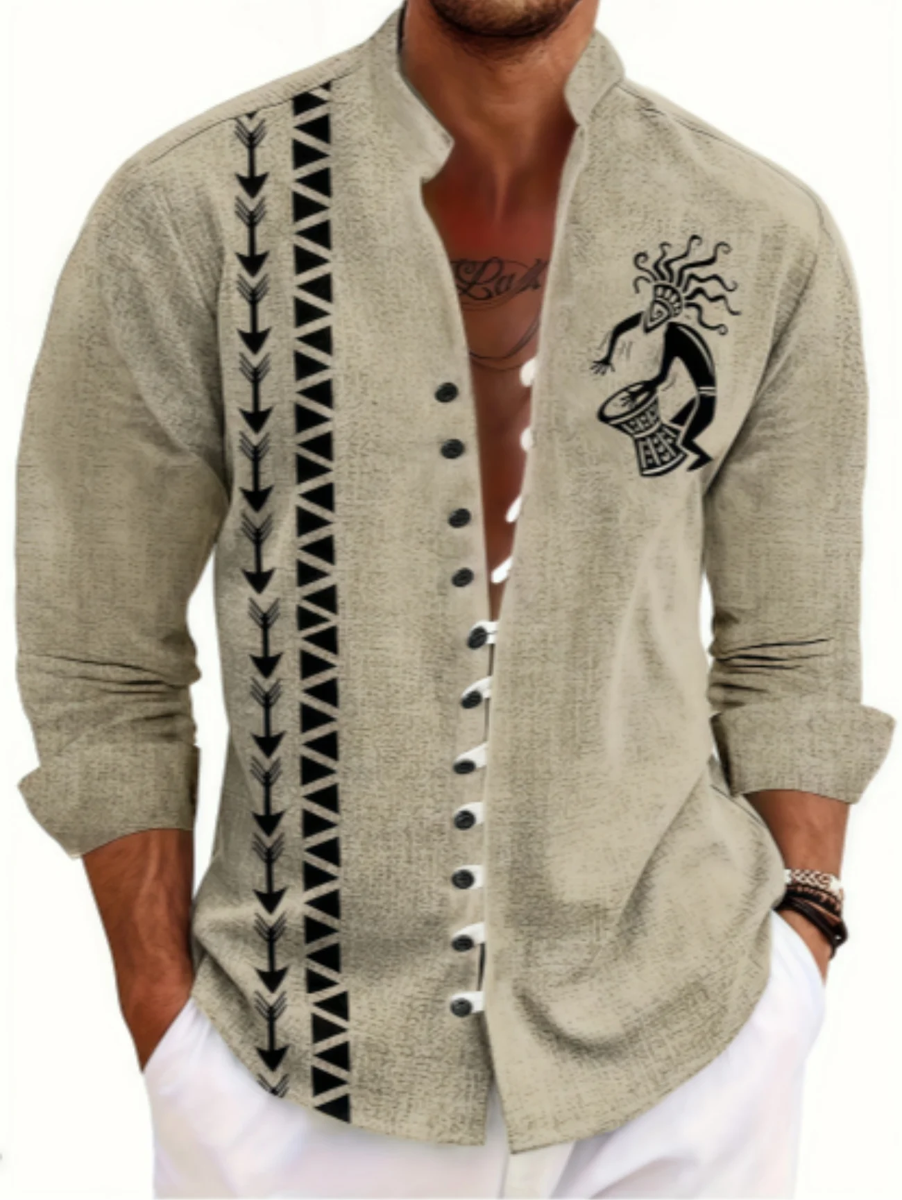 

New men's linen short-sleeved shirt, fashionable, retro style, ethnic totem print, comfortable and breathable, men's top