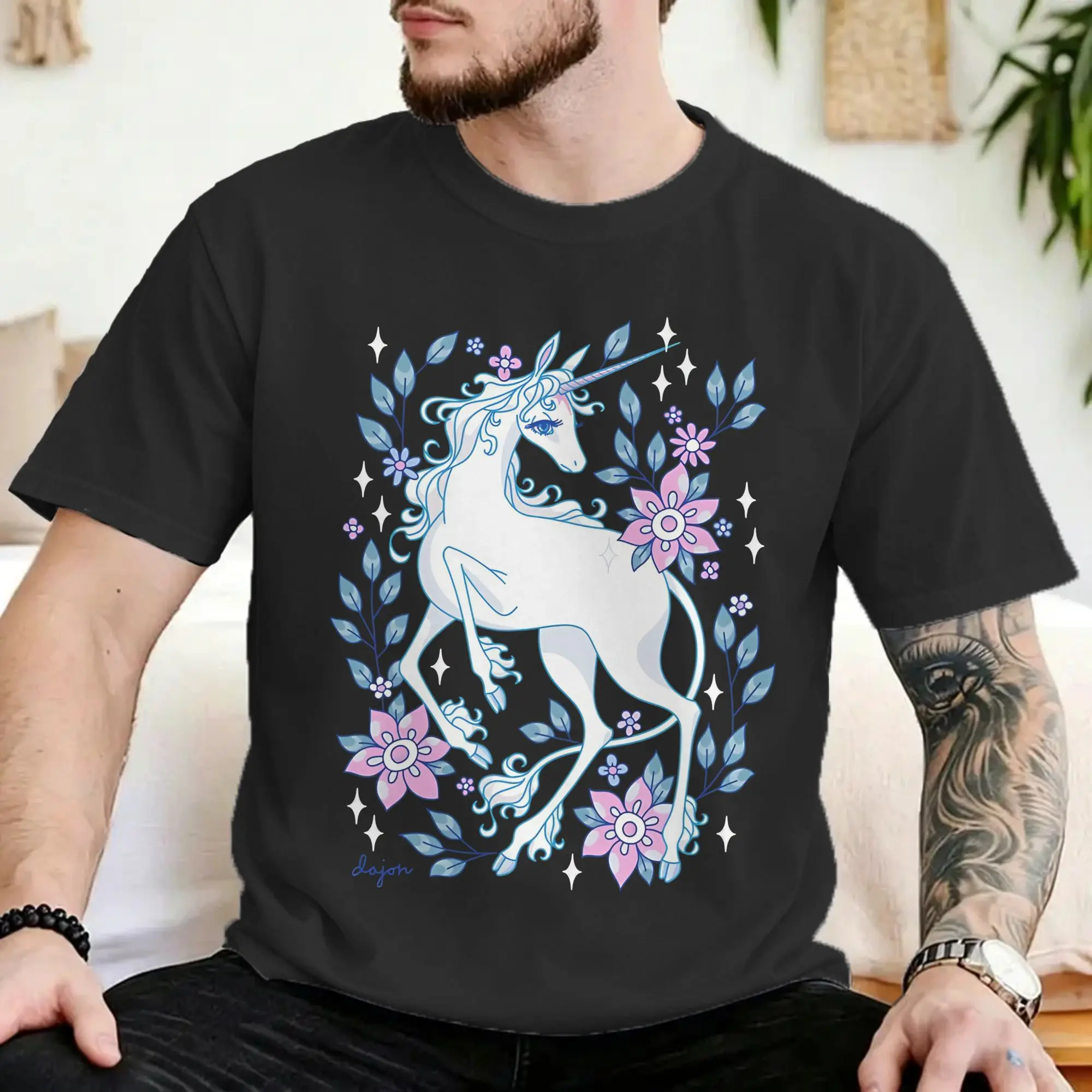 Camisetas com estampa floral do último unicórnio, camisetas masculinas e femininas de contos de fadas, vintage, algodão puro, gola redonda, roupas plu