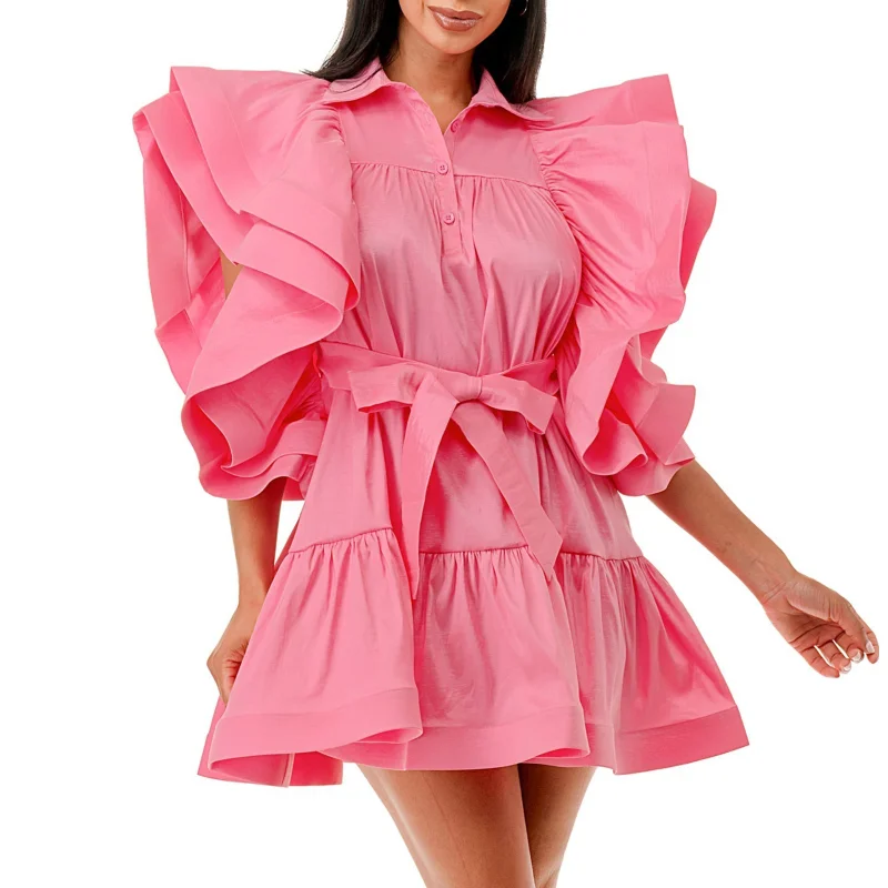 Summer Fashion Flying Sleeves Shirt Dress Women Casual Lapel Button Lace Up Ruffle Dress Women