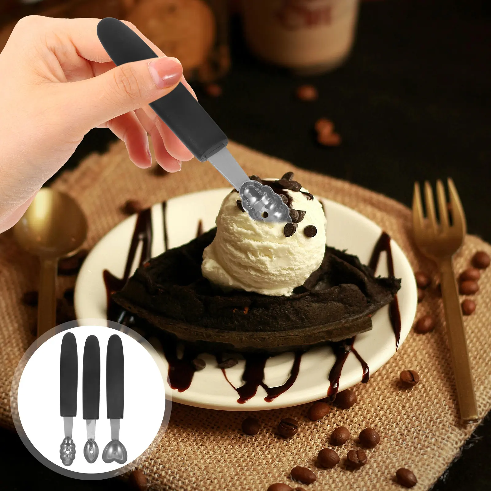 

3pcs Fruit Baller Stainless Steel Ice Cream Scoop Heavy Duty Kitchen Tool For Dessert Fruit Platter Meat Server