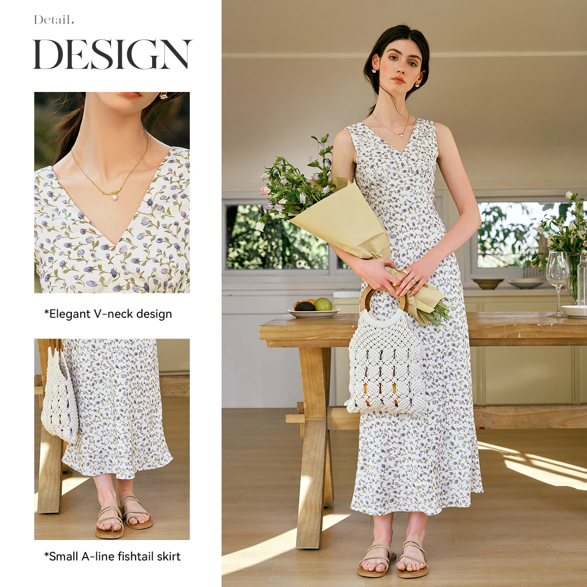 OLrain Elegant Summer Floral Long Dresses for Woman 2025 French Fashion Print V-neck Tank Dresses Female Clothing O57XL96983