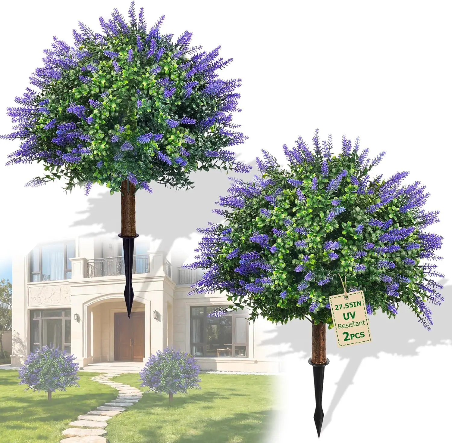 

27.5in Artificial Lavender Topiary Trees, 2 Sets Faux Boxwood with Spikes, Pot Filler Fake Shrubs for Outdoor Planters, Round Topiary Bush Balls Front Porch Home Garden Spring Decor