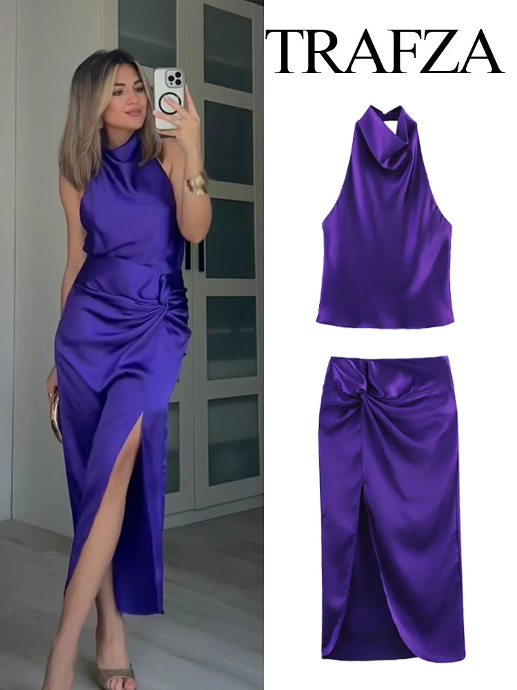 

TRAFZA Women's Solid Set Fashion Hanging Neck Collar Sleeveless Satin Texture Top+Back Zipper Slit Knot Decorate Midi Skirt