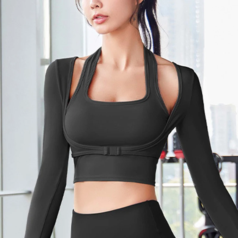 Long Sleeve Women Yoga Shirts Padded Gym Shirts Sportswear Fake Two Pieces Sports Tops With Underbust Fastener Fitness Crop Top