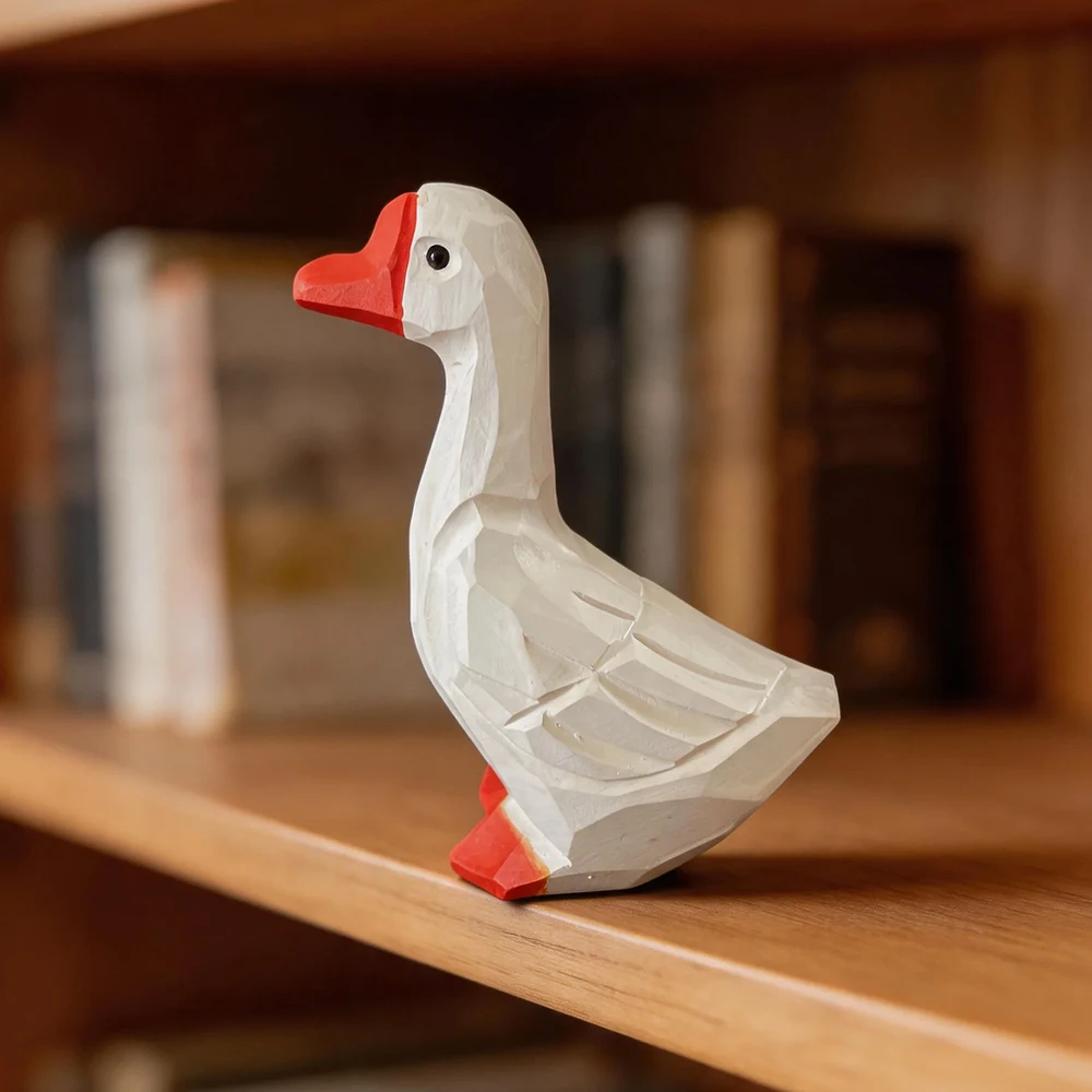 Hand Carved White Goose Figurine, Wooden Duck Sculpture Cute Animal Statue for Home Decor Desk Ornament Stress Relief Gift