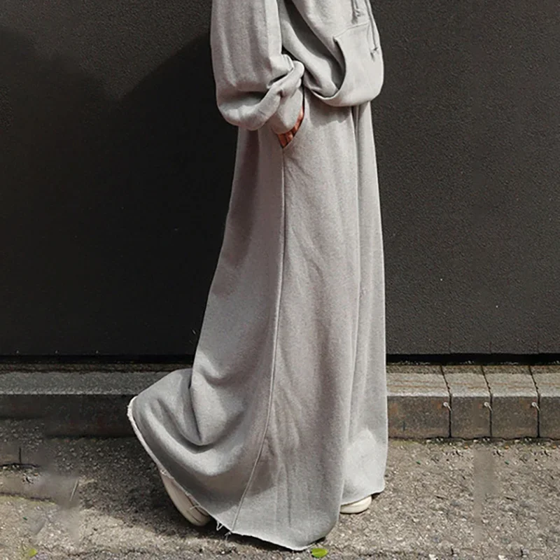 New Urban Female Black Gray Solid Color  Elastic Waist Wide Leg Pants Casual Work Long Turnip Trousers For Women