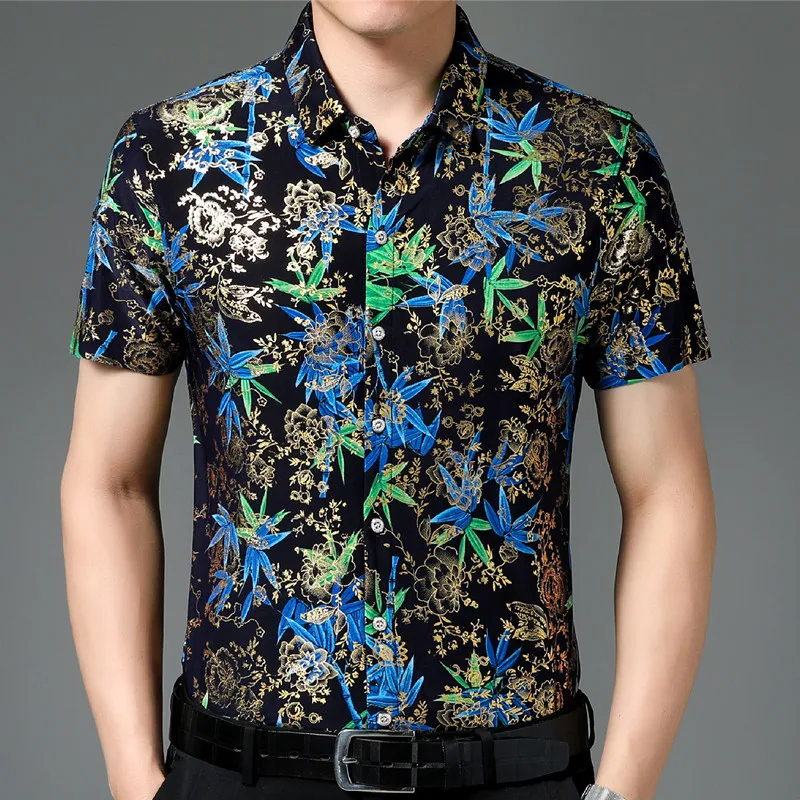 

Hawaiian Style Casual 80% Silk Shirts Men'S Short Sleeve Both Sides Chinese Nation Flower 2023 Beach Summer Clothes