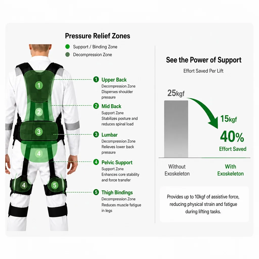 Passive Power Assist Flexible Water Resistant Durable Exoskeleton Suit For Manufacturing Line Work Indoor/Outdoor Industrial