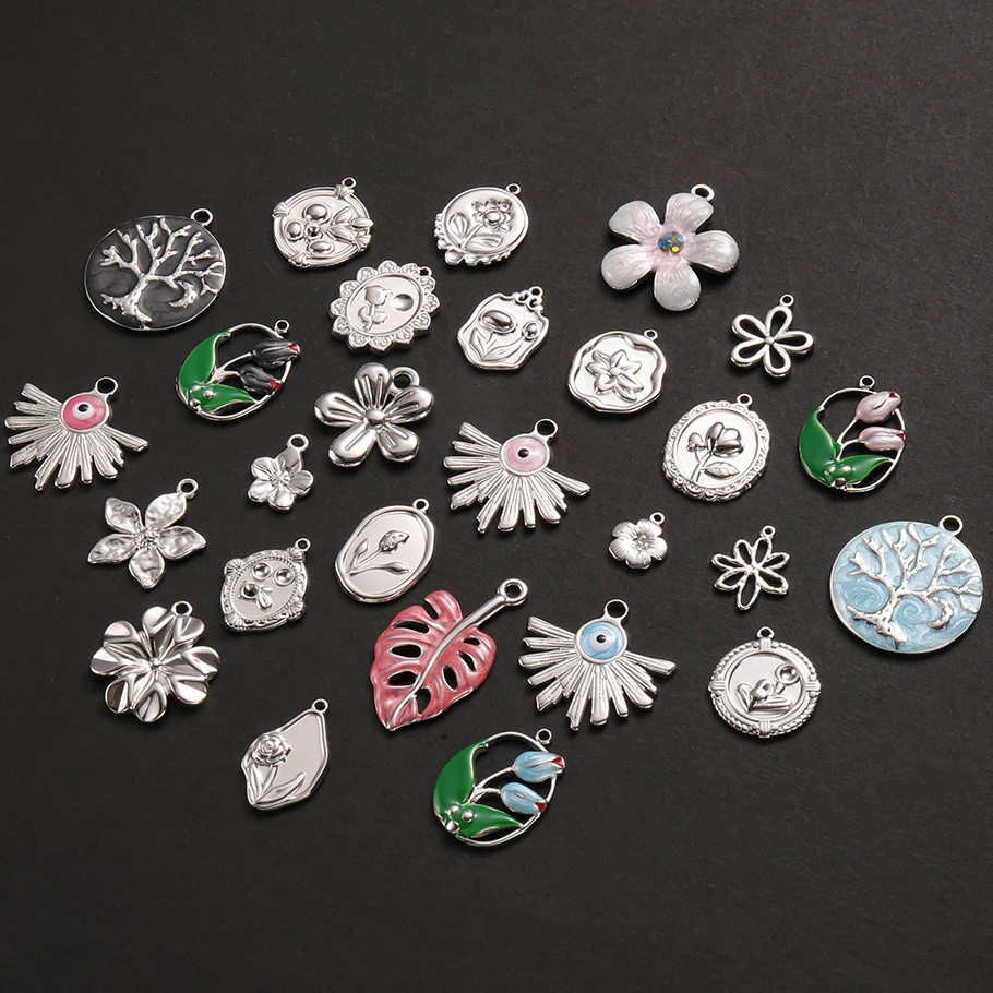 Personality 10pcs/Lot Plant Series Sweet French Stainless Steel Pendant Coral Branch/Sakura/Evil Eye Ginkgo Leaf Chic Pendants
