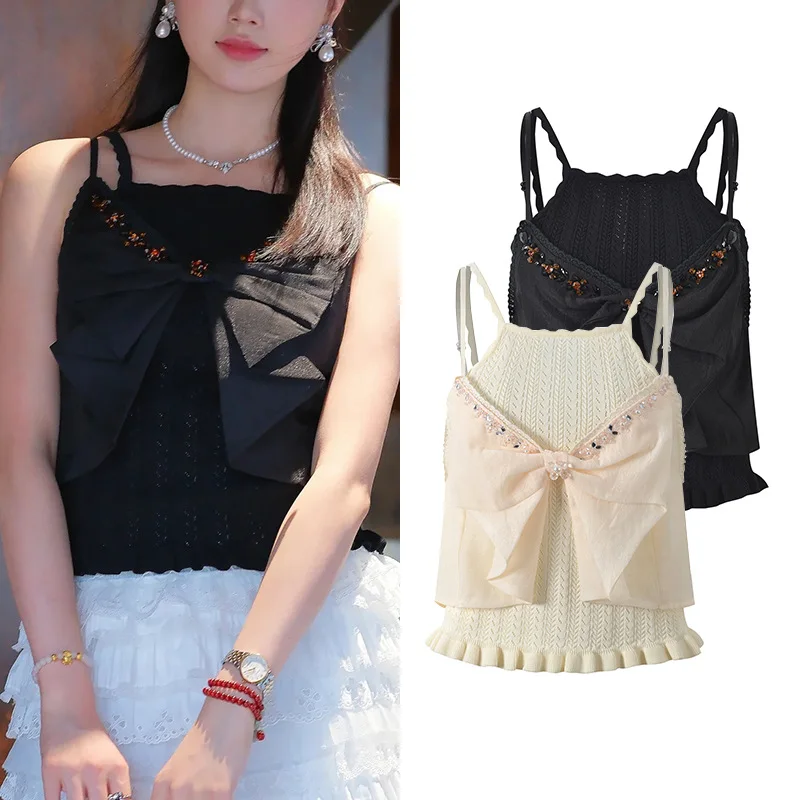 

Faionable Knot, расшитый бисером, утягивающий трикотажный топ, лето 2023, Новое поступление, женский жилет для поездок на работу