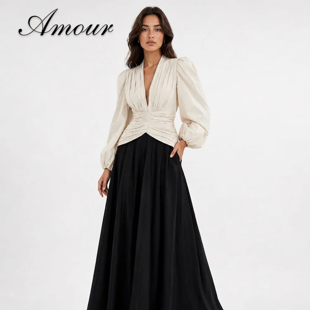 Amour Customized A-line V-neck For Women Office Lady Formal Evening Dresses Long Sleeves Pleated Floor-length Party Prom Gowns