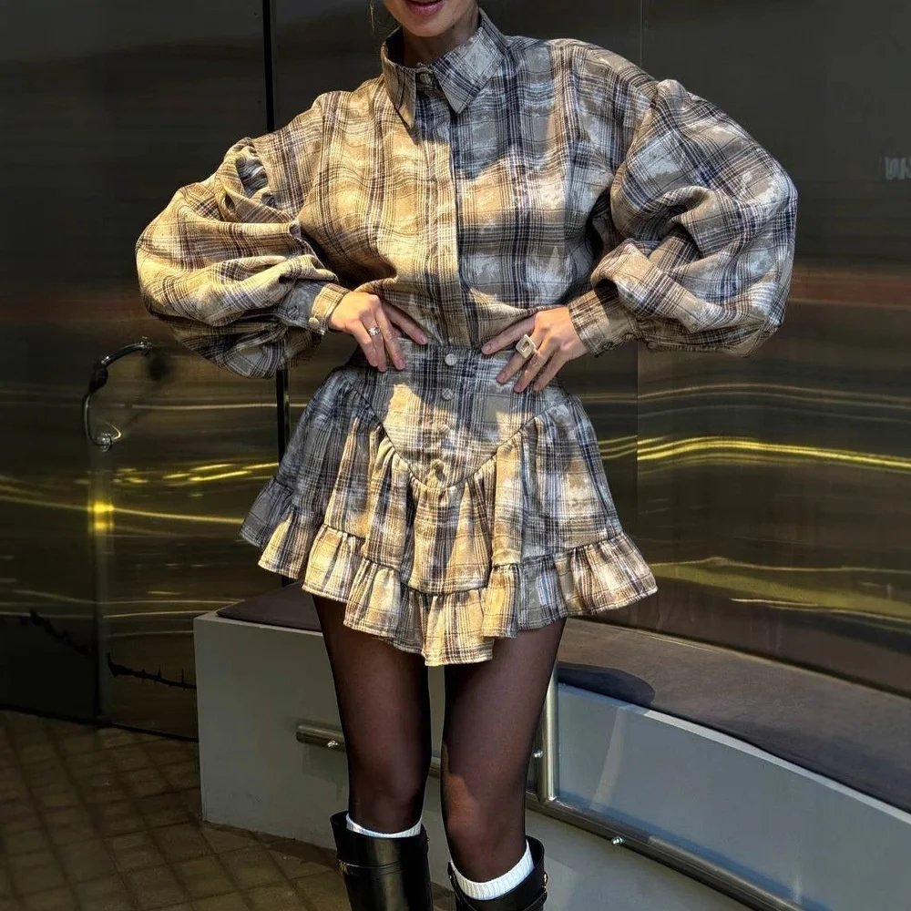 

2025 New Women's Elegant Skirt Set Winter Spring Season Grid Pattern Design Lotus Leaf Edge Short Skirt Two Piece Set