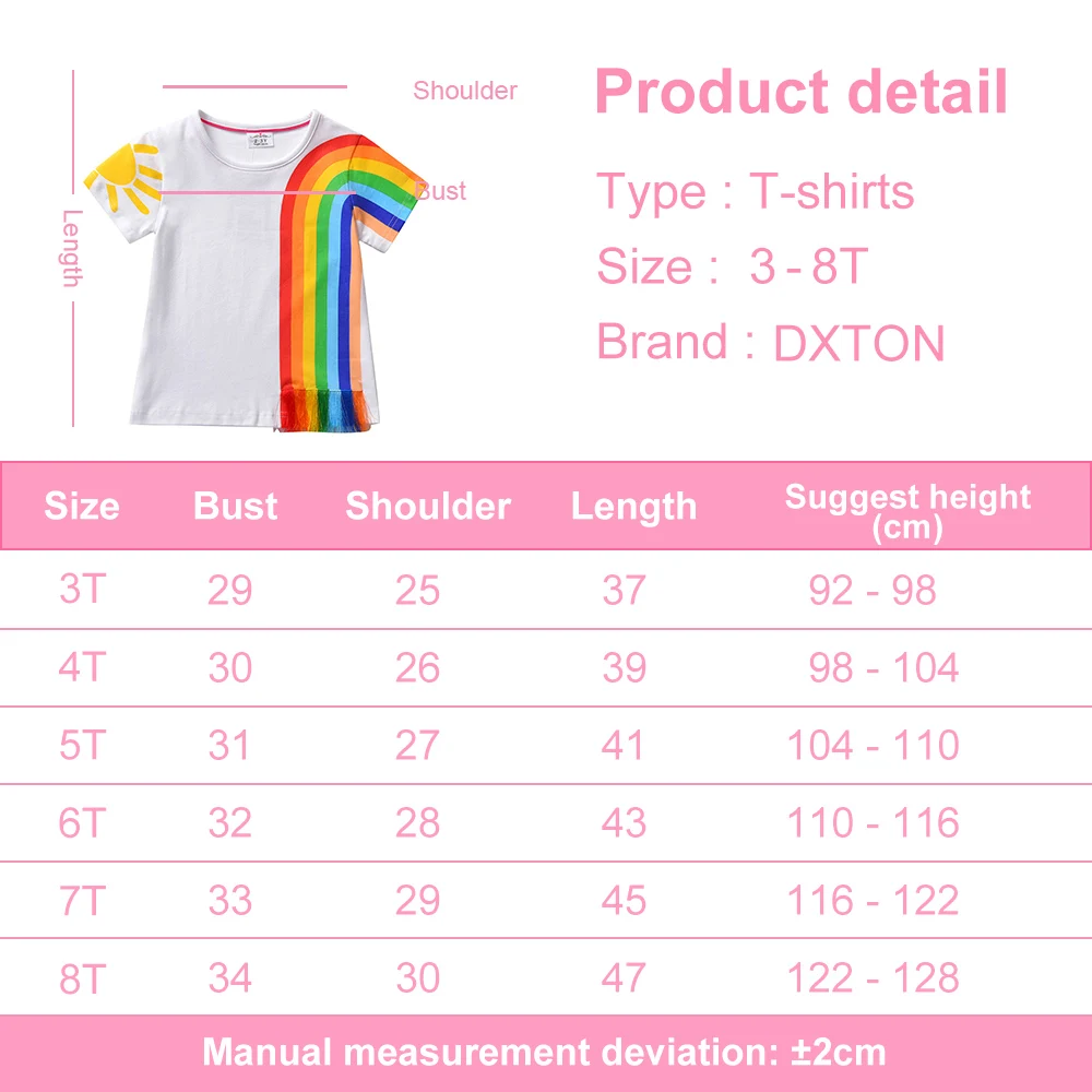 DXTON Summer Girls T Shirt Cotton Toddlers Tops Wear Short Sleeve Kids Tees Rainbow Casual Tops For Girls Children Clothing 3-8Y