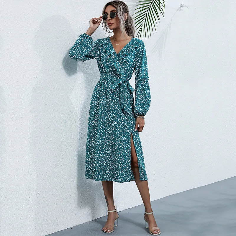 

Boho Style Floral Print Split Long Dress Women V Neck Ruffles Sashes Loose Ladies Dresses NiceAutumn Office Sundress Ropa Mujer