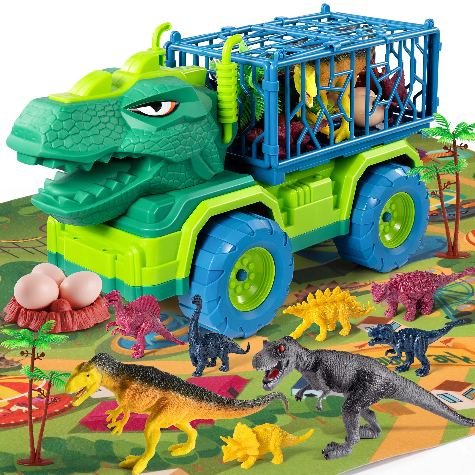 LargeT-Rex Dinosaur Transport Truck Set , with 8 Dino Figures Activity Play Mat, Dinosaur Eggs Trees, 3-6 + children Gift