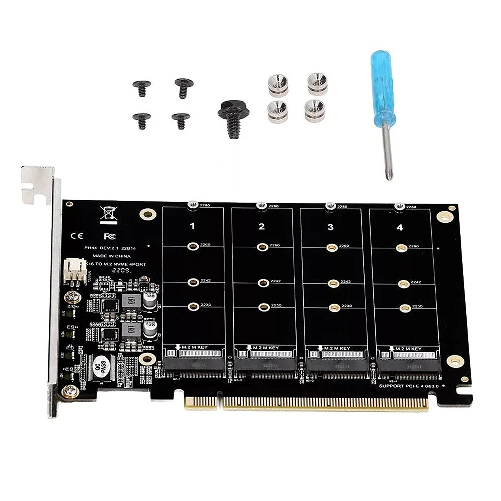 4 Port M.2 NVMe SSD To 3.0 4.0 X16 Expansion Card 4x32Gbps Adapter With LED For Desktop Server Storage For Test Tool