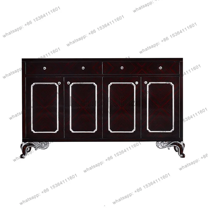 

Neoclassical birch dining side cabinet, black sandalwood simple European fashion silver carved entrance cabinet furniture