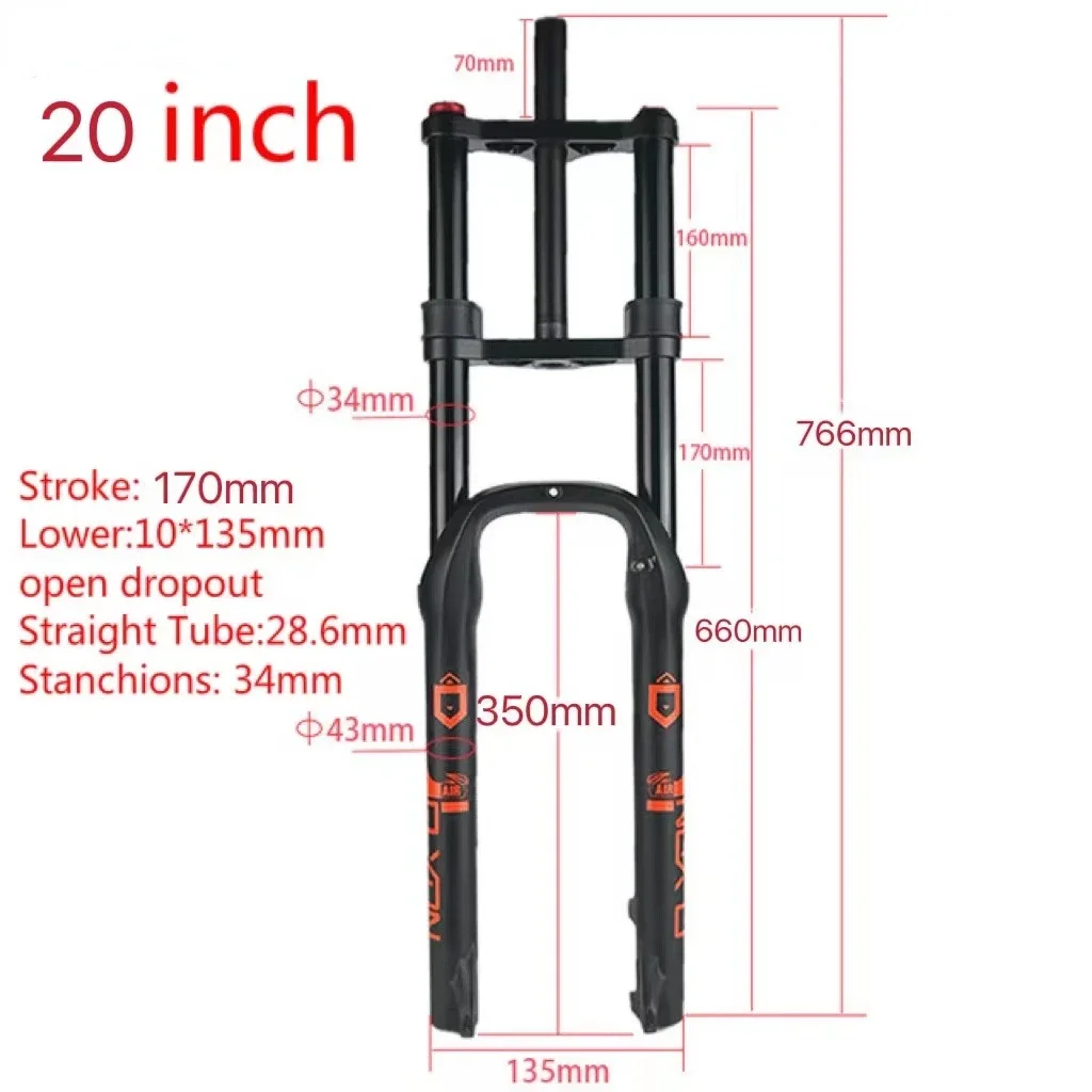 Double shoulder snow bike front fork 20.26 inch fat tire ATV air pressure front fork damping rebound 135mm bike fork  mtb parts