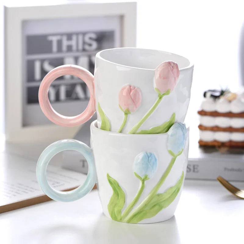 1pc tulipa flor cerâmica caneca design 3d criativo alívio menina coração xícara de café aniversário dia das mães presente para sua tarde xícara de